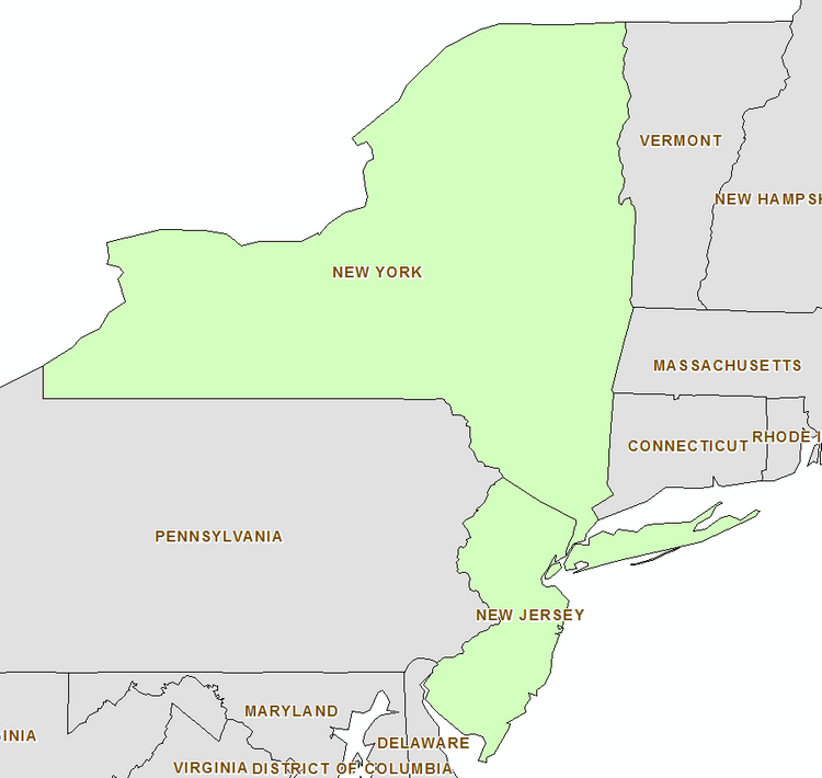 Map showing New York and New Jersey in green and the surrounding states in grey
